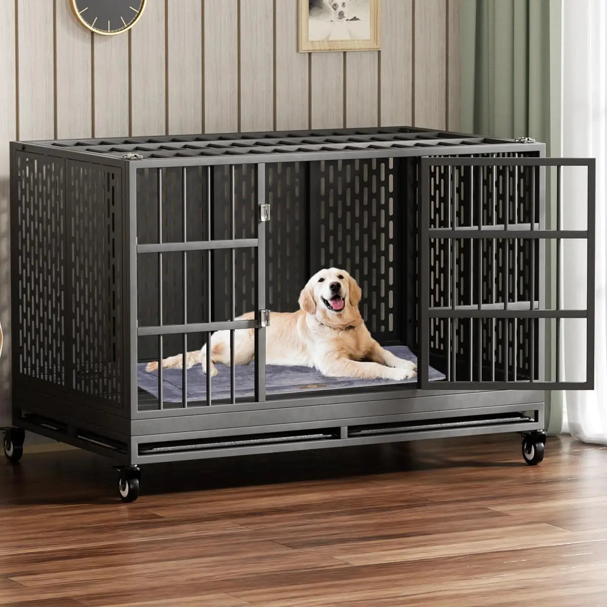 Ufsagcg Heavy Duty Dog Crate With Wheels Folding Metal Cage