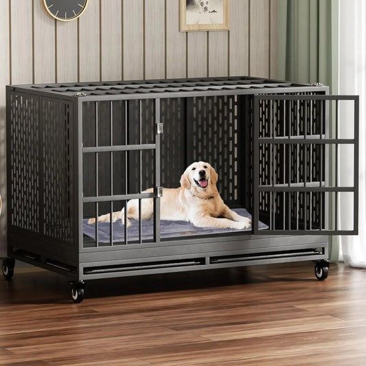 Ufsagcg Heavy Duty Dog Crate With Wheels Folding Metal Cage
