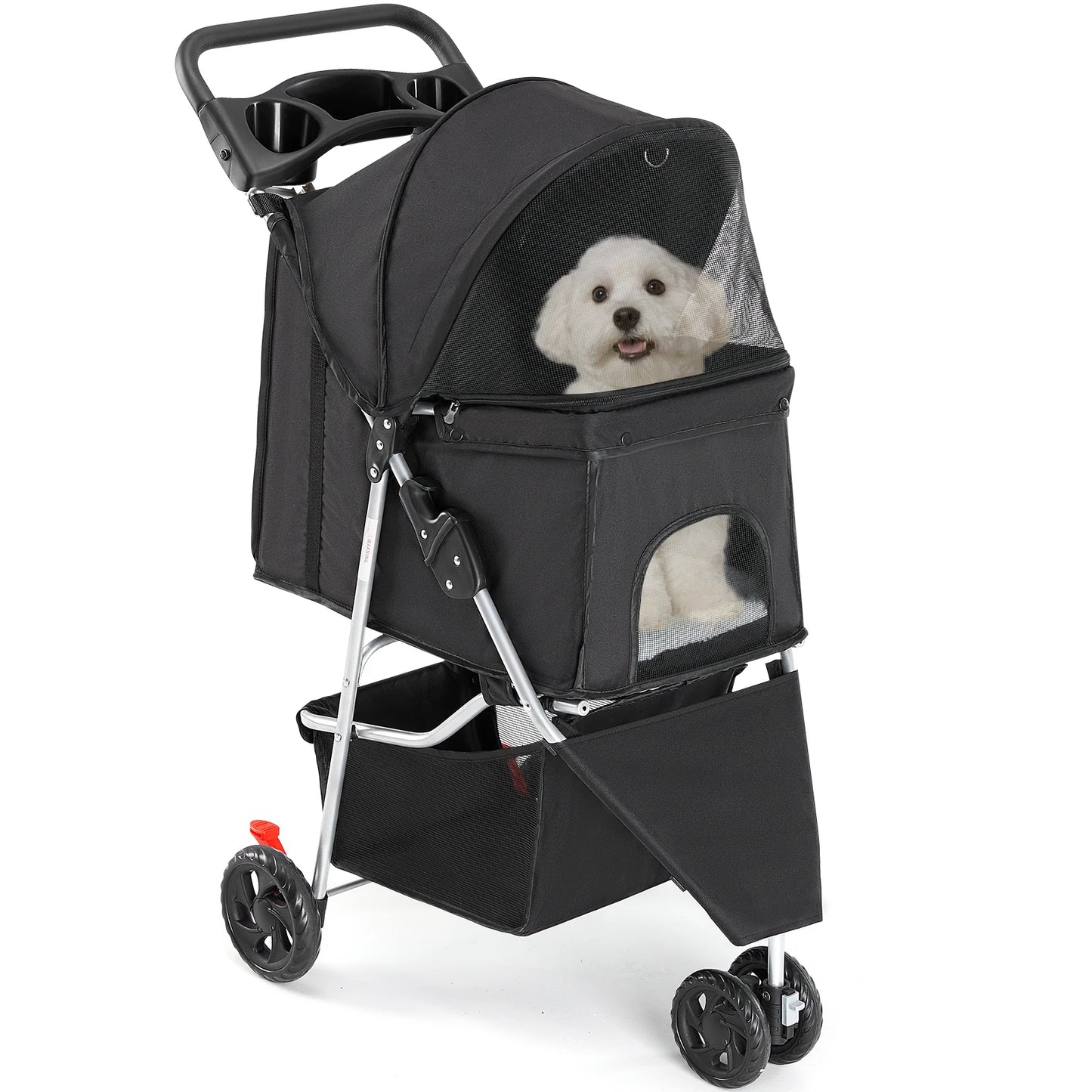 3 Wheel Foldable Pet Stroller For Small Dogs And Cats With Mesh Cup Holder