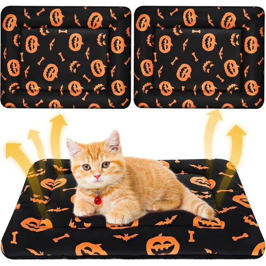 2 Pack Halloween Self Warming Cat Bed with Reversible Soft Plush Design for Indoor Cats and Small Dogs Self Heating Cozy Pumpki