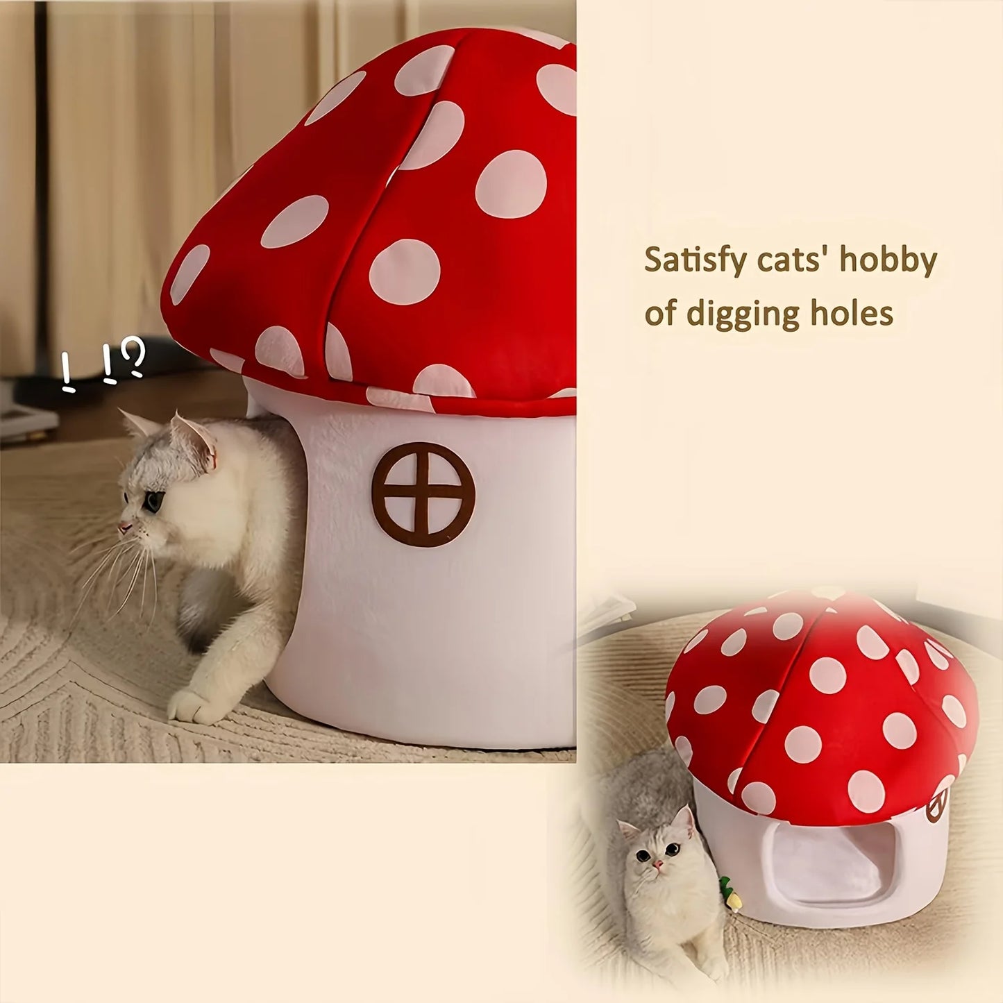 Mushroom Cat Bed Suitable for Indoor Cats, Mushroom-Shaped Cat Cave Bed, Cat Tent with Removable and Washable Cushion Pillow, Cat House Bed Suitable for Cats and Small Dogs
