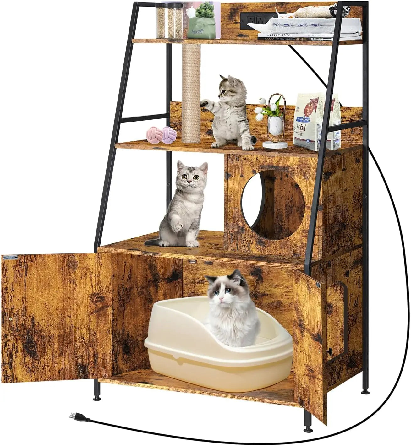 Cat Litter Box Enclosure With Shelves And Charging Station