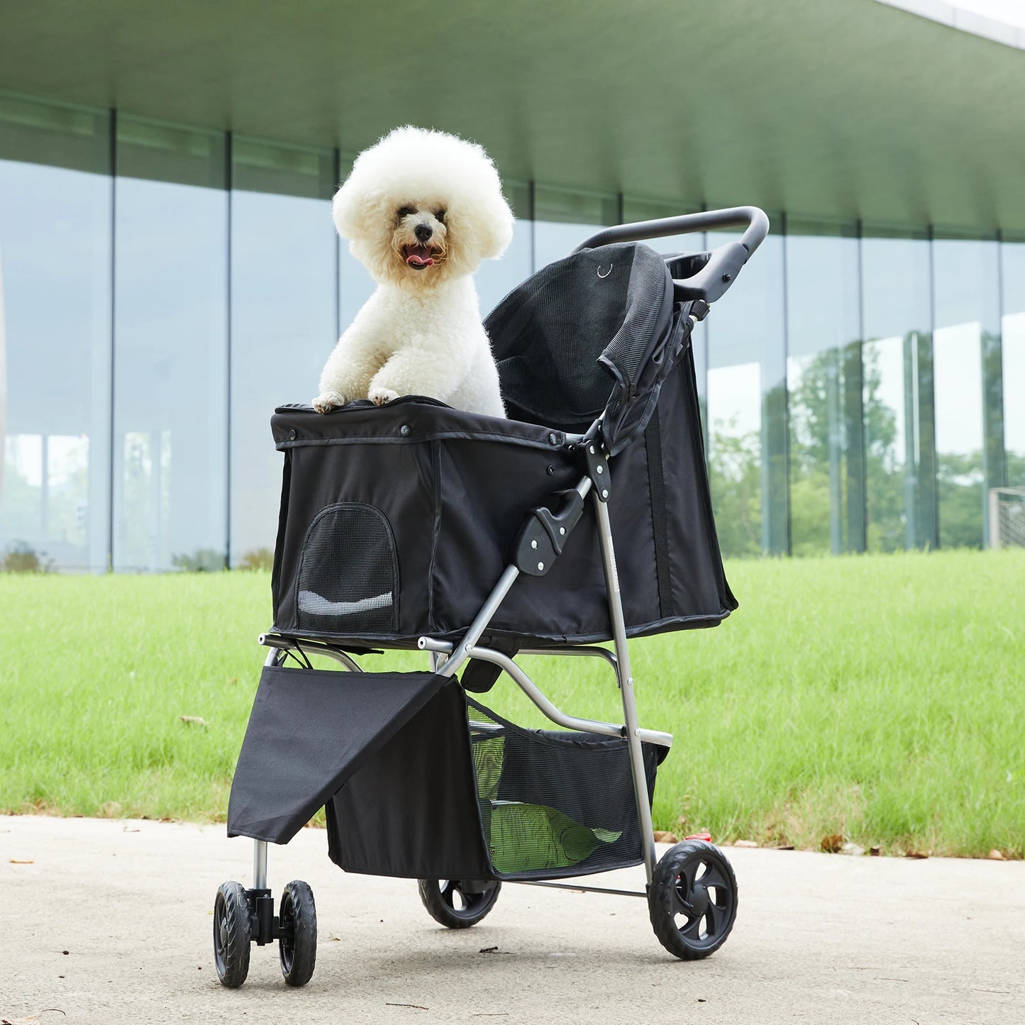 3 Wheel Foldable Pet Stroller For Small Dogs And Cats With Mesh Cup Holder