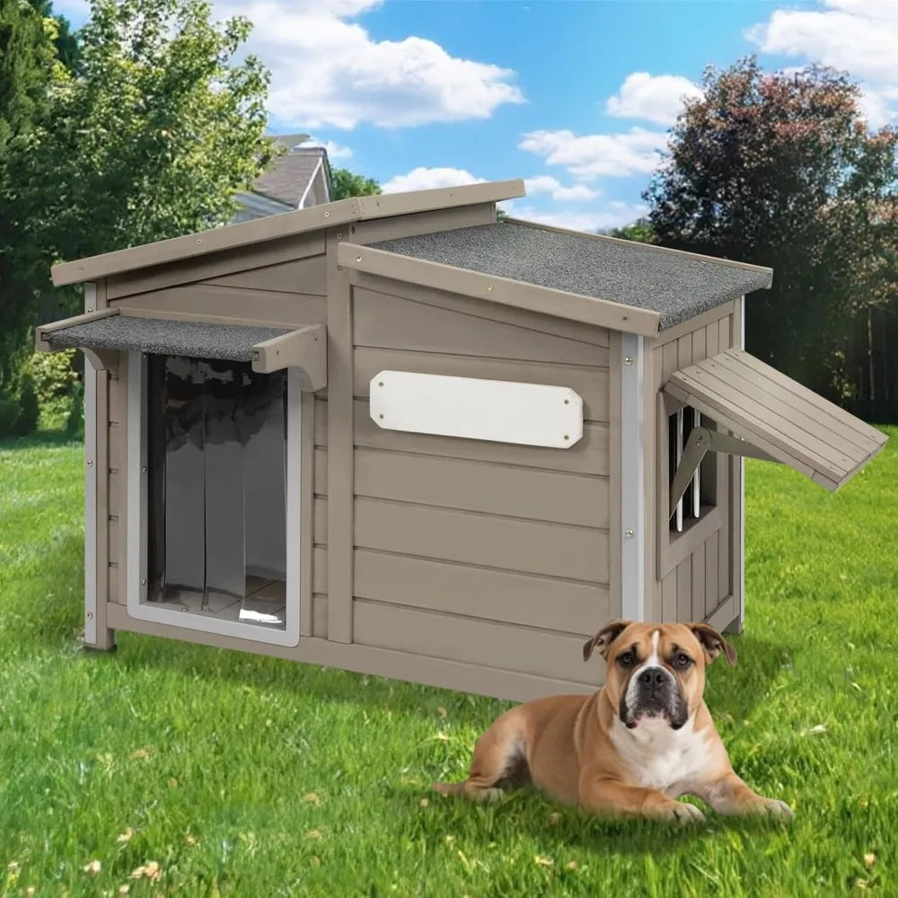 Outdoor Wooden Dog House With Adjustable Vent Windows Weatherproof