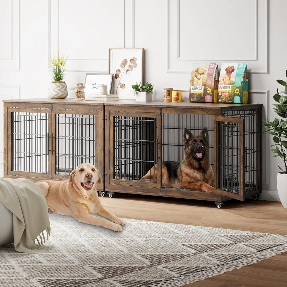 Dog Crate Furniture with Cushion Set of 2, Wooden Dog Kennel Indoor with Double Doors, Dog Cage with Wheels, House Side End