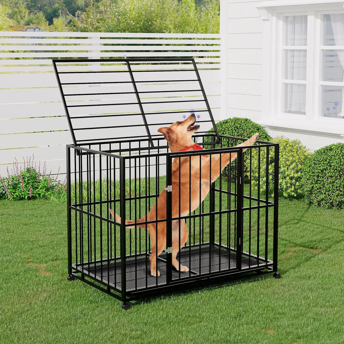 HiMISS Indestructible Stainless Steel Dog Crate with Wheels and Tray