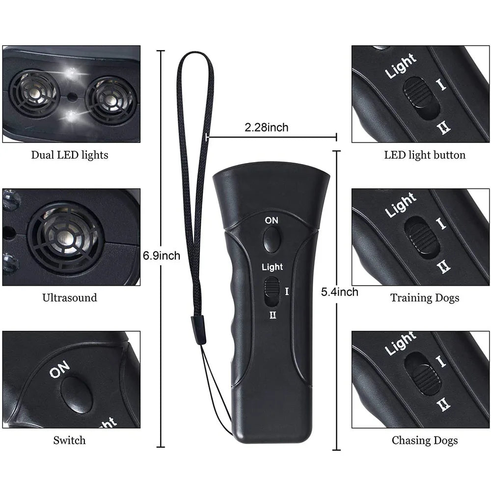Ultrasonic Dog Repeller With LED Flashlight And Training Tool