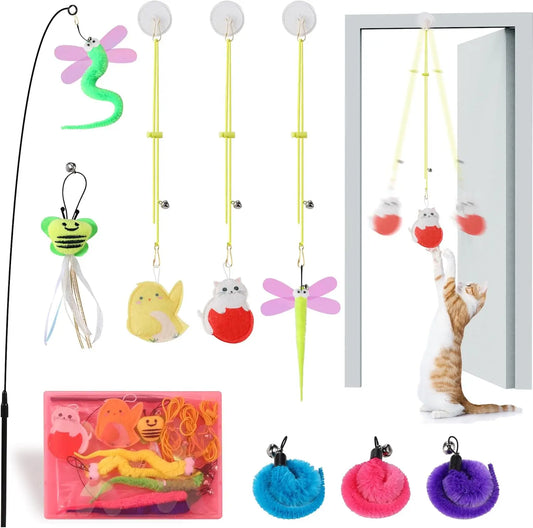 Interactive Cat Toys Set with Wand, 8 Teaser Refills & 3 Hanging Toys for Adult Cats and Kittens Play Exercise