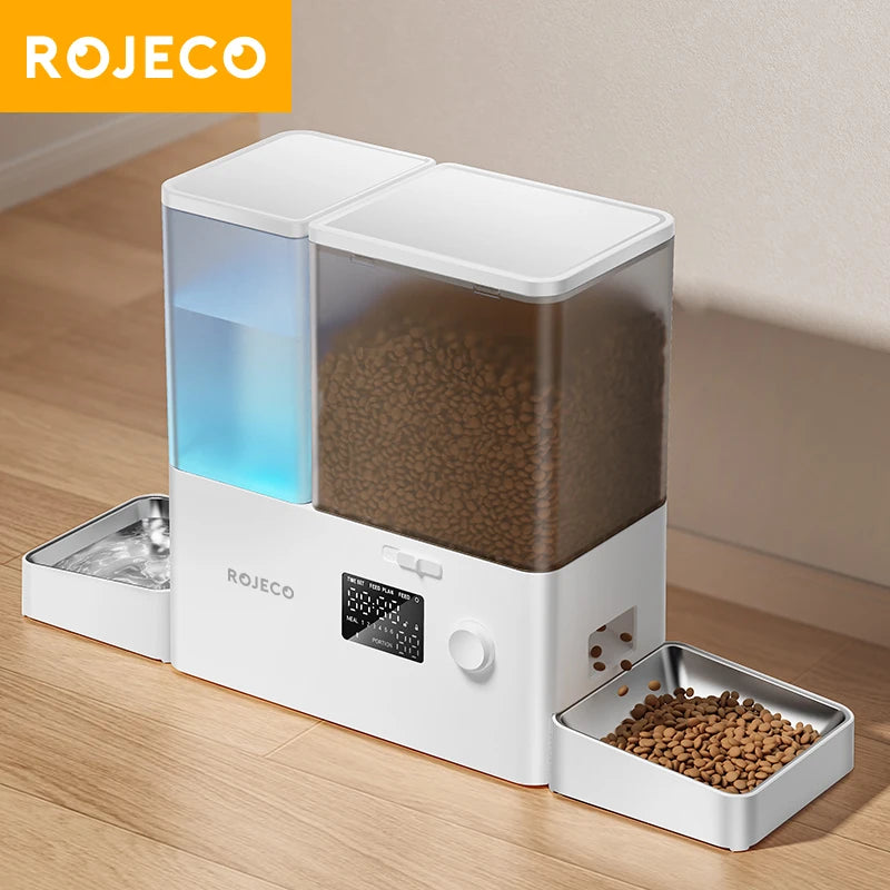 ROJECO 2 In 1 Automatic Pet Feeder Gravity Water Fountain Kibble Dispenser