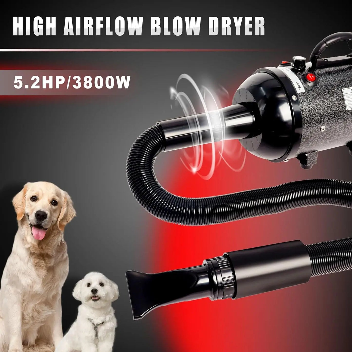 Professional High Velocity Dog Hair Dryer with Adjustable Speed, 4 Nozzles and 2 Temperature Settings for Pet Grooming