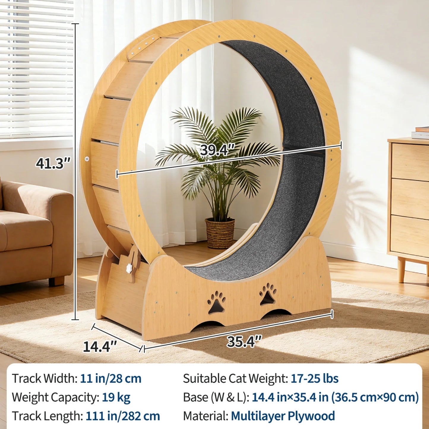 Wooden Cat Exercise Wheel forIndoor Cat, Large cat Running Treadmill with Low Noise Carpeted Runway, Removable Carpet Cat Wheel