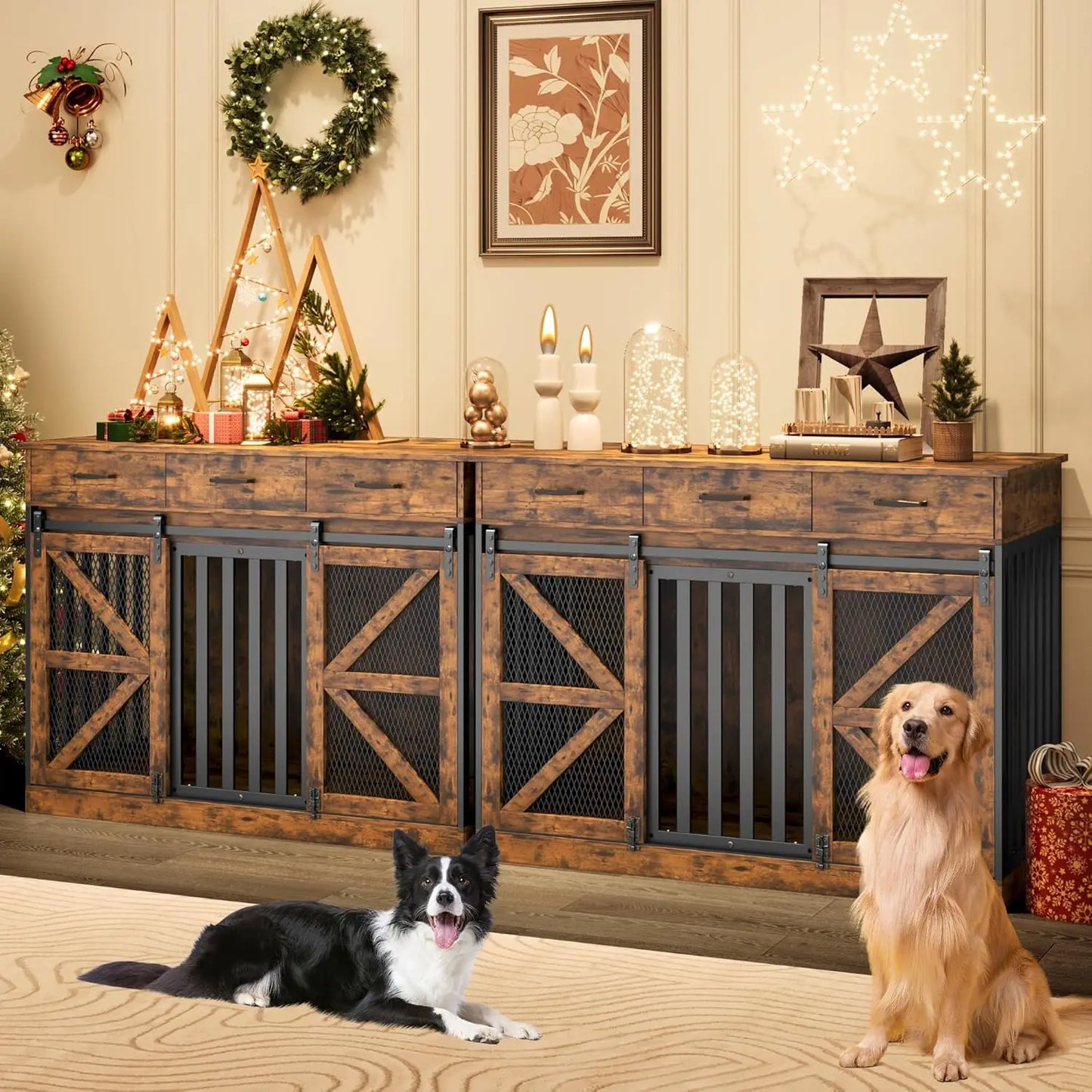 2in1 Wooden Dog Crate With Removable Divider And 3 Drawers