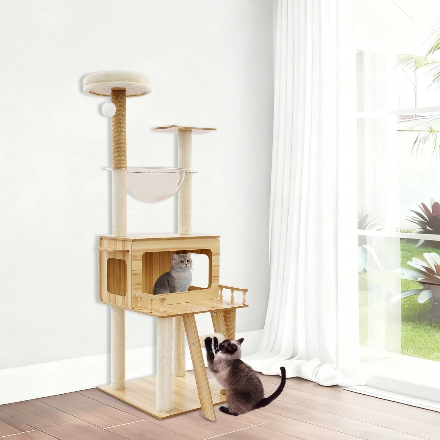 Indoor Cat Tree With Hemp Rope Floor Mount Multi Tier