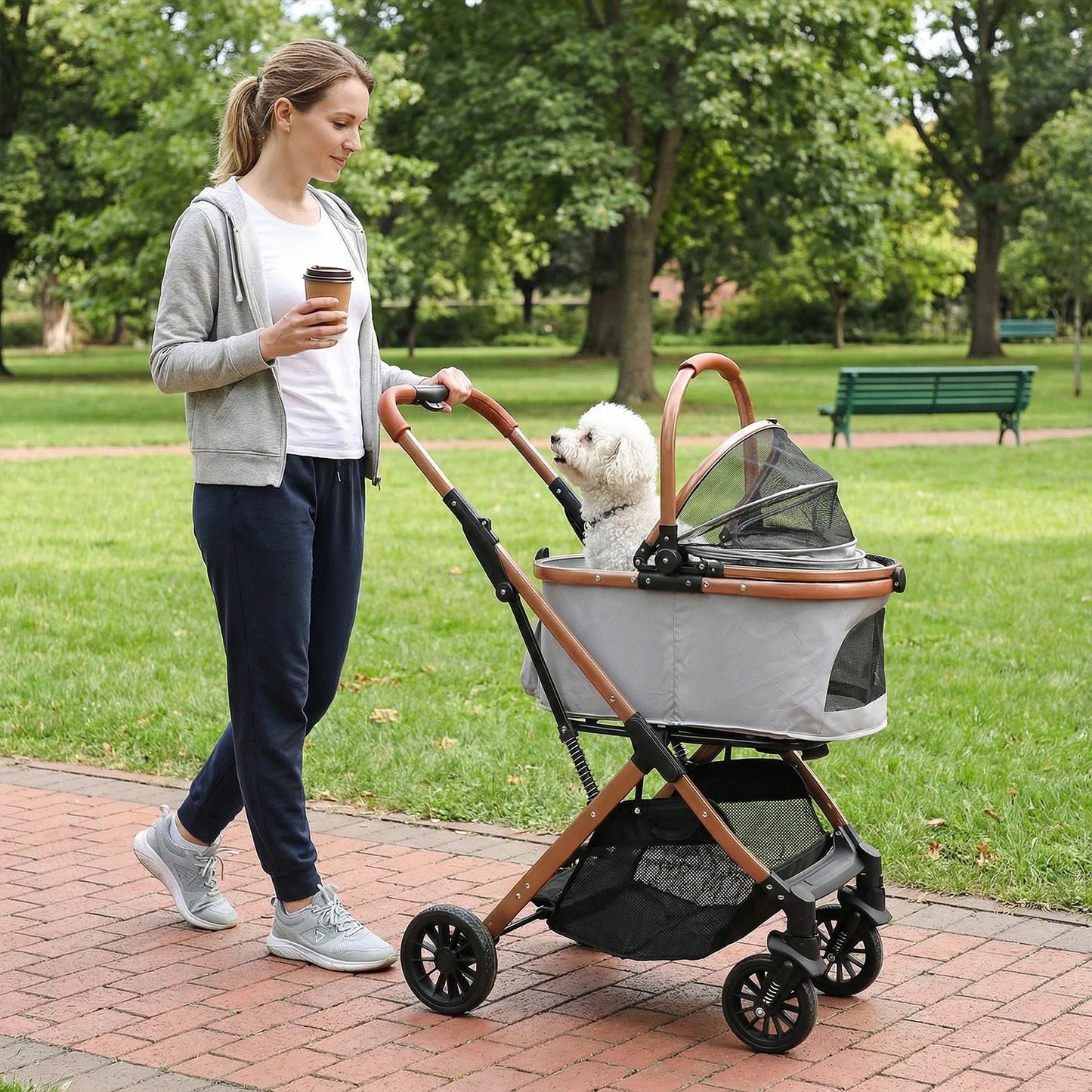 Folding Stroller All Terrain 4 Wheels Foldable Travel Jogger with Detachable Carrier with Sun Shades for Small Medium Dogs Cats