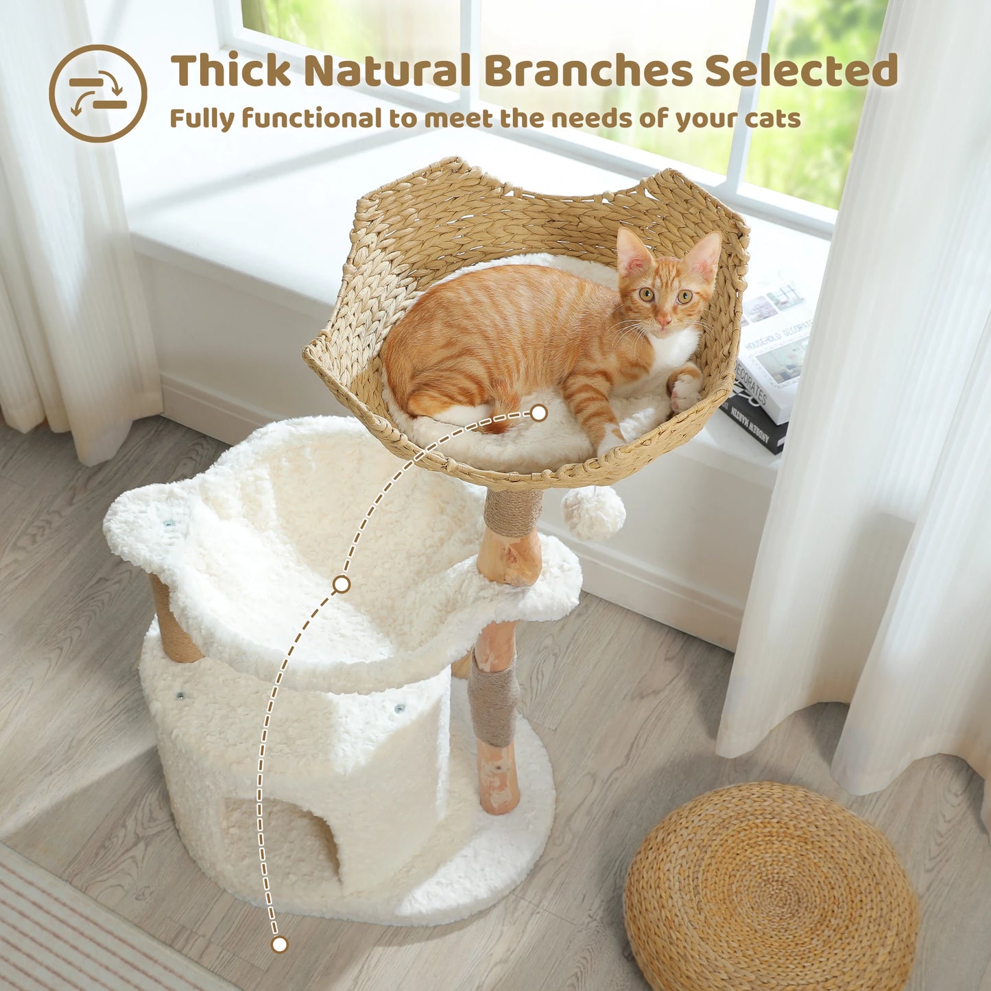 PEQULTICN Natural Wood Cat Tree Tower With Wicker Basket Indoor