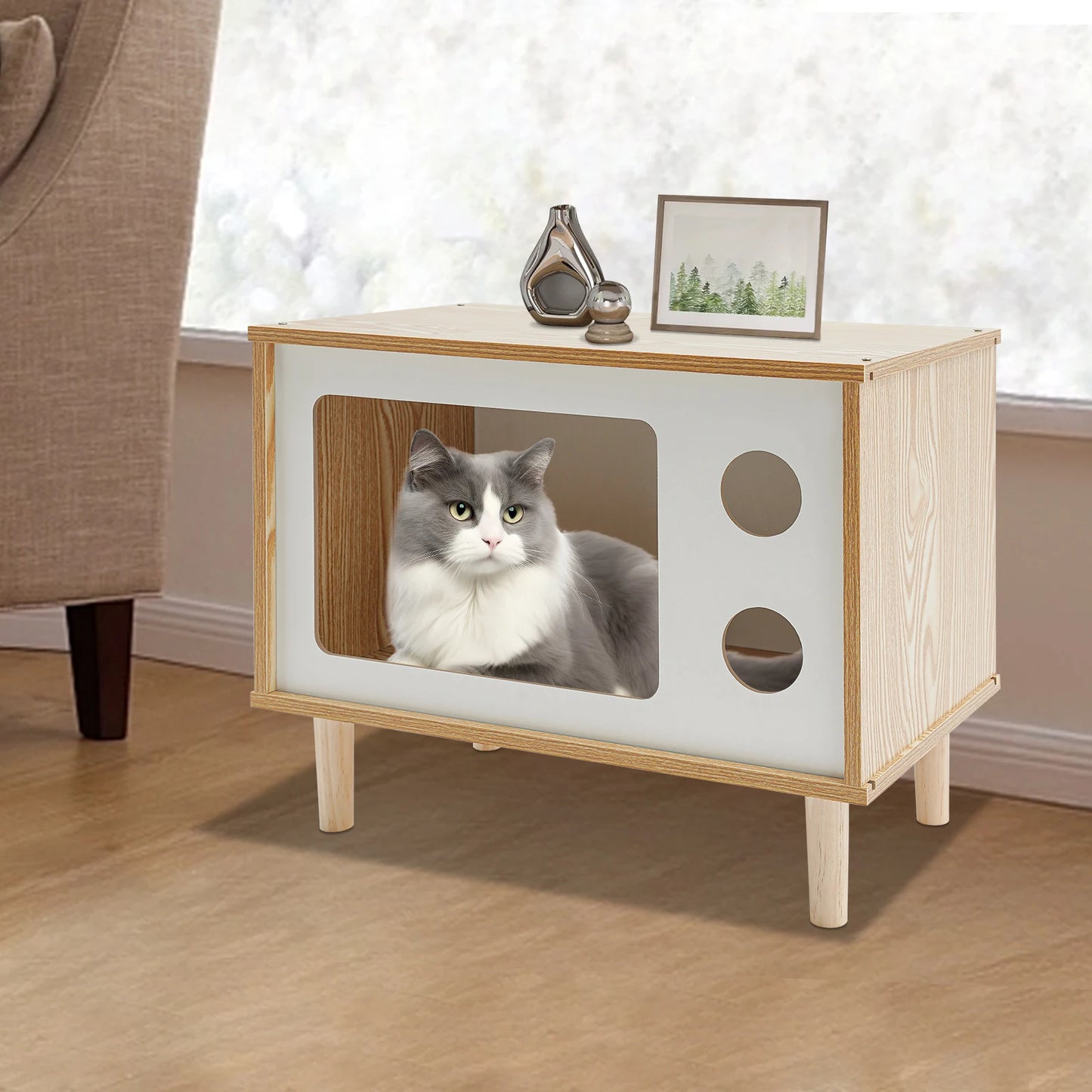 TV Stand Cat House and Mid Century Modern Cat Bed Indoor - Solid Wood Pet Furniture with Scratching Posts for Multiple Cats