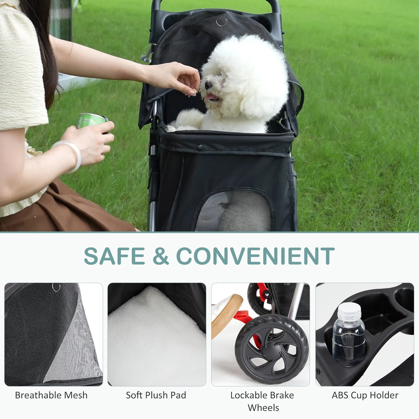 3 Wheel Foldable Pet Stroller For Small Dogs And Cats With Mesh Cup Holder