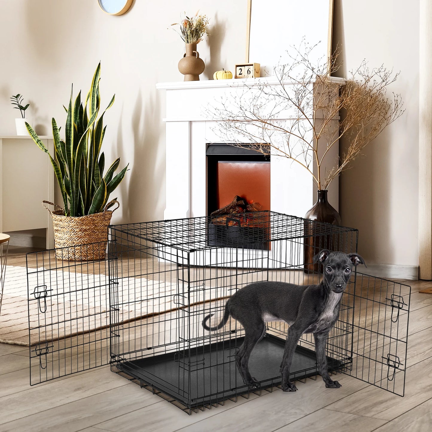 JHK Folding Metal Dog Cage With Double Door Leakproof Pan