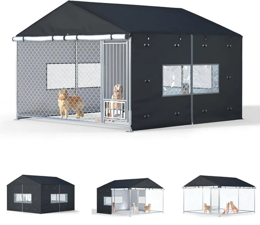 Waterproof Outdoor Dog Kennel Cover for 10x10x7 ft Cages, Heavy Duty 600D Oxford Fabric, Black