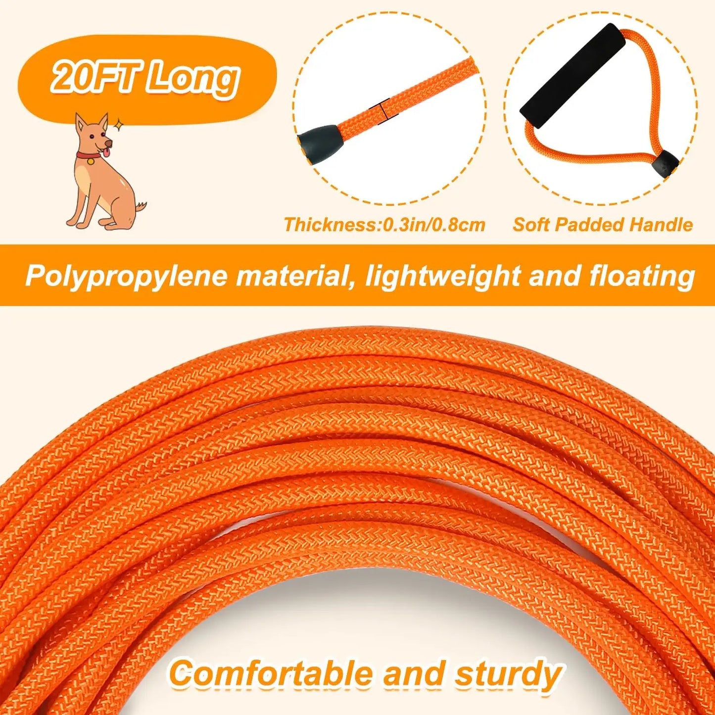 20FT Floating Dog Leash for Training, Lightweight with Comfortable Handle - Ideal for Hiking, Swimming, Beach & Lake