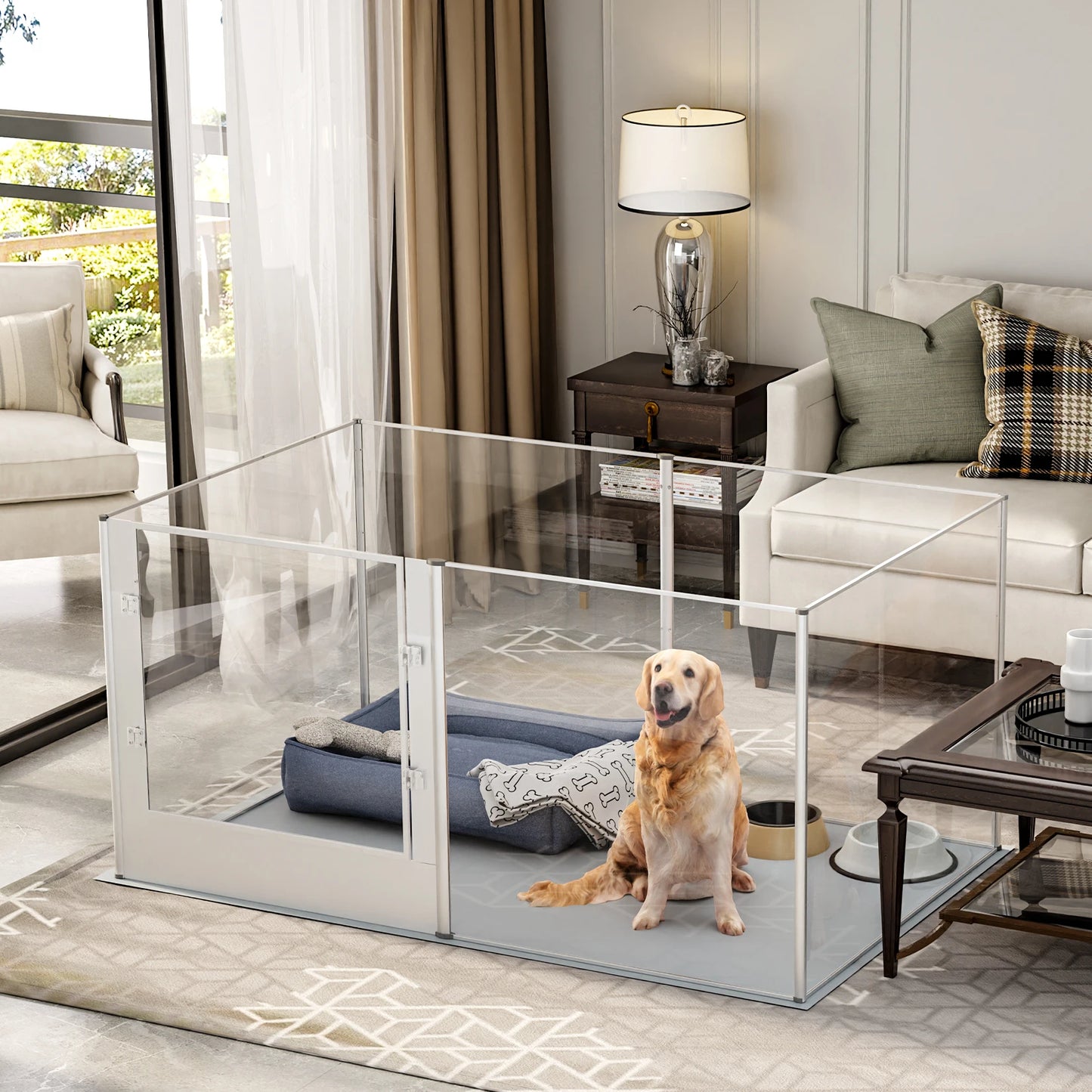 Large Acrylic Dog Playpen Fence, 6 Panels, Heavy Duty Pet Kennels Crate, Whelping Box with Waterproof Mat