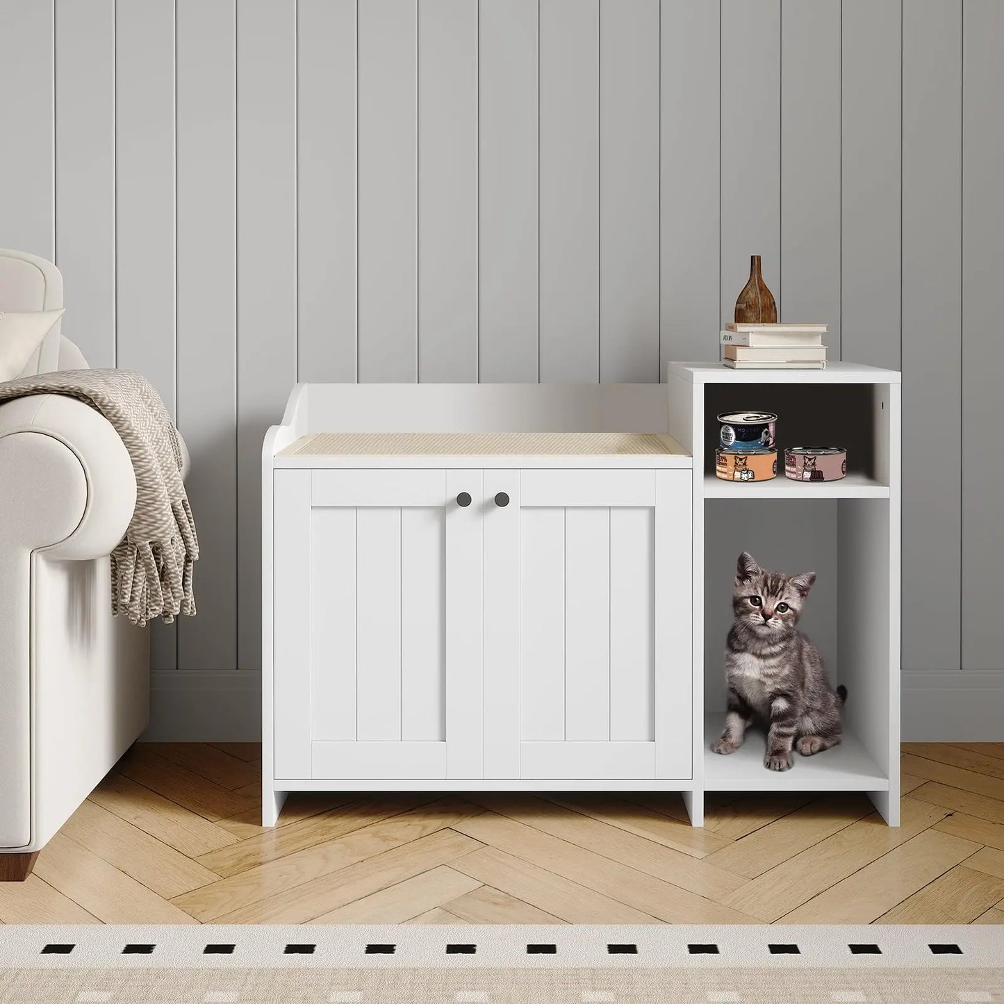 2 In 1 Hidden Cat Litter Box Enclosure & Sofa End Table, Dog Proof Wooden Cabinet Indoor Pet House with Storage Shelf/Doors