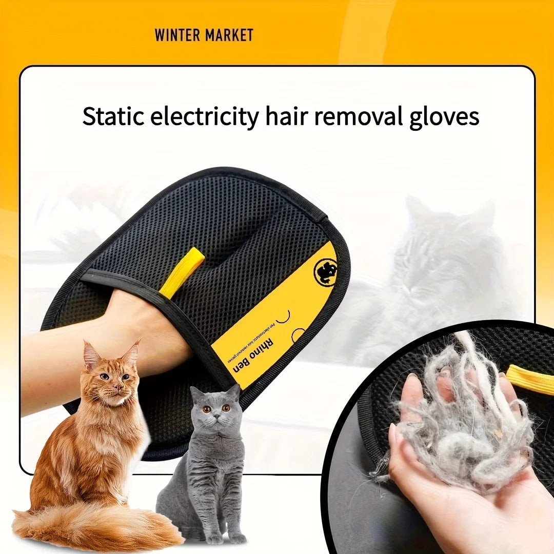 Cat Grooming Gloves Upgrade Edition Large Static Pet Hair Removal Black Polypropylene with Yellow Accents