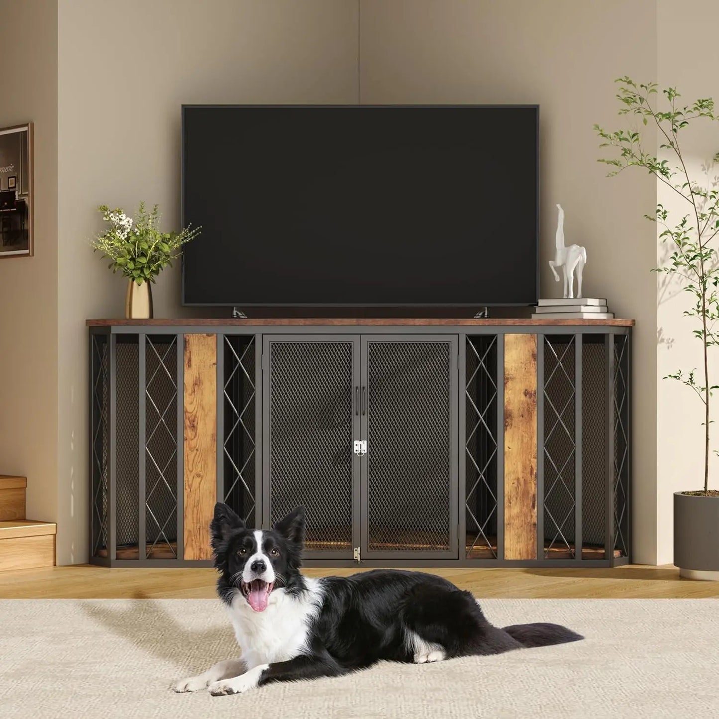 Corner Wooden Dog Crate Furniture With Diamond Metal Decoration Kennel
