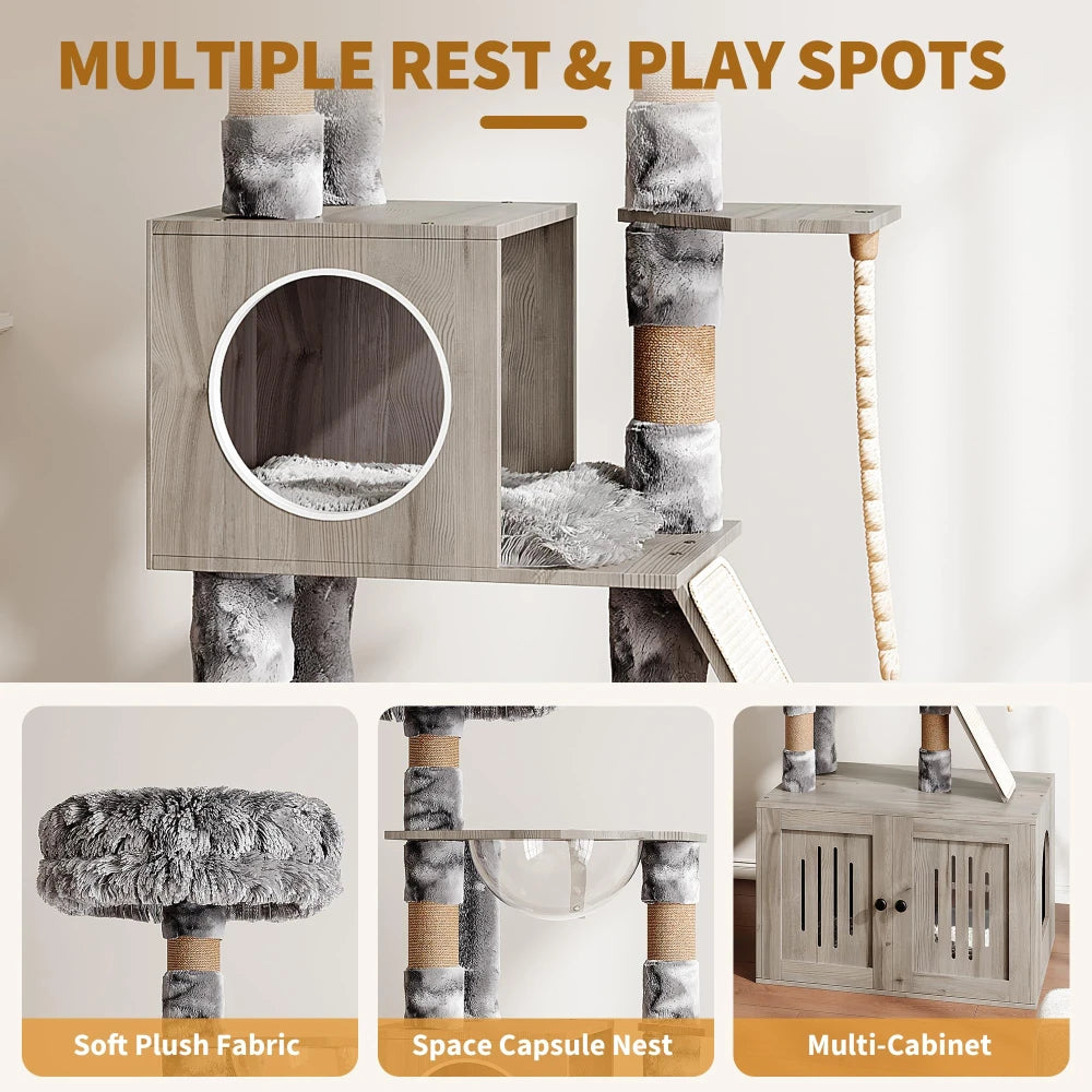 HiMISS Cat Tree With Litter Box Enclosure Storage Cabinet