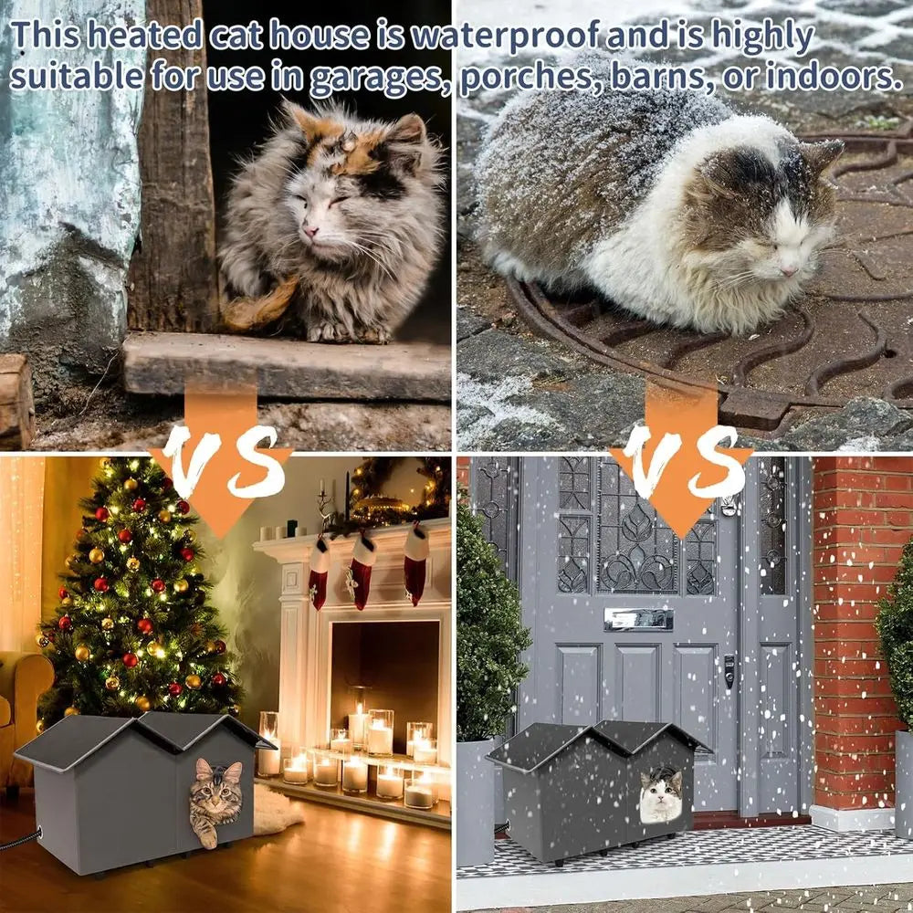 Large Heated Cat Houses or Indoor/Outdoor Cats with Elevated Heated Cat Bed Waterproo， Insulated Providing Sae eral Cats, Easy t