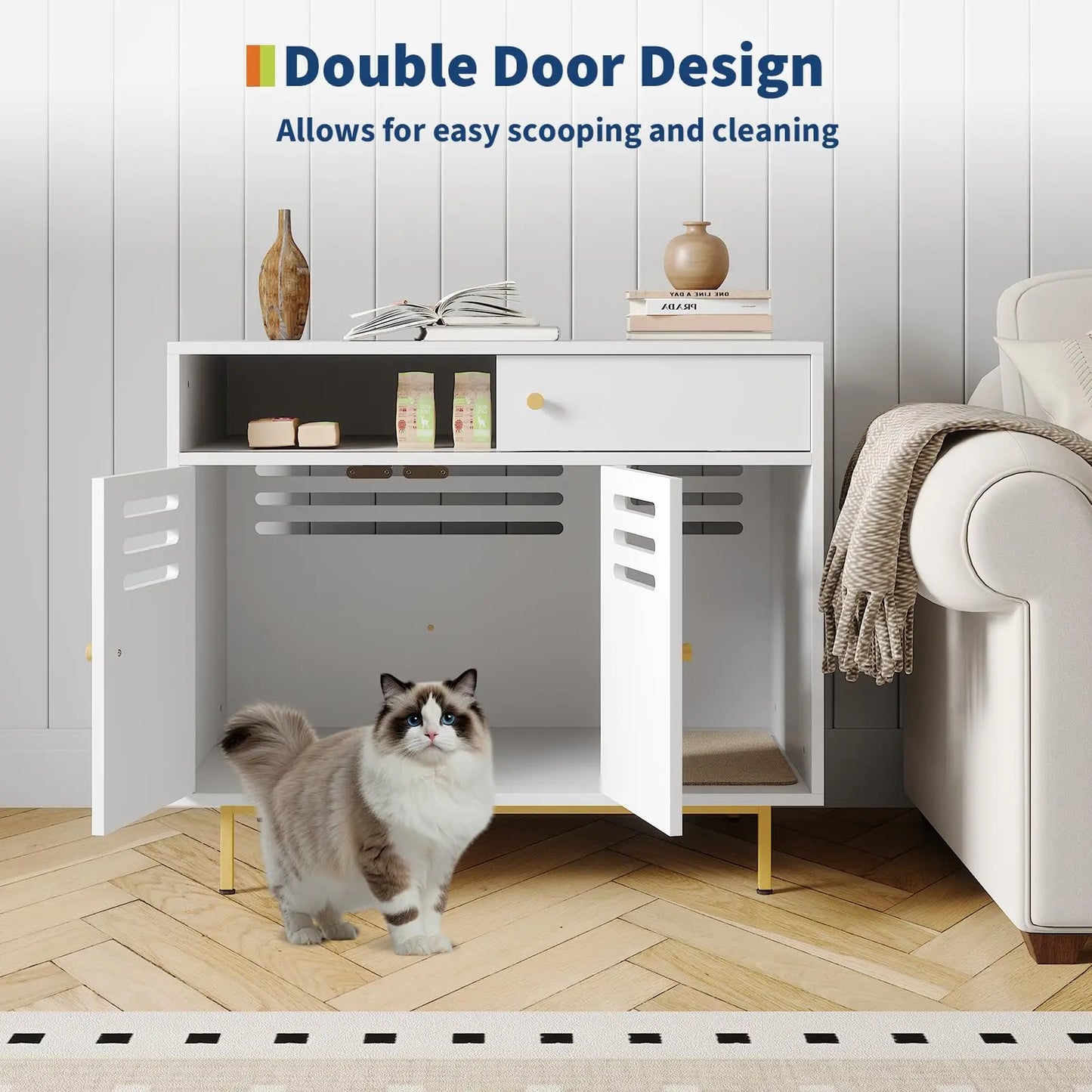 Modern Hidden Cat Litter Box Enclosure Cabinet with Storage Shelf, 2 in 1 Pet Furniture End Table w/Metal Legs Indoor Cat House