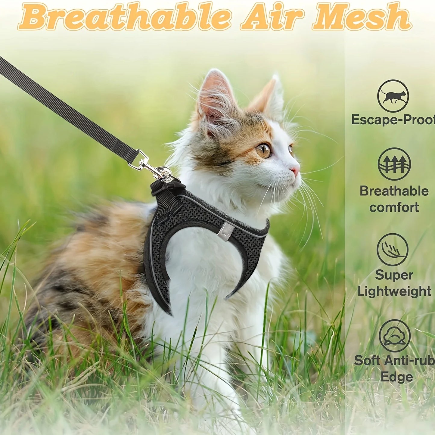 Reflective Cat Harness And Leash Set With Mesh Vest Polyester