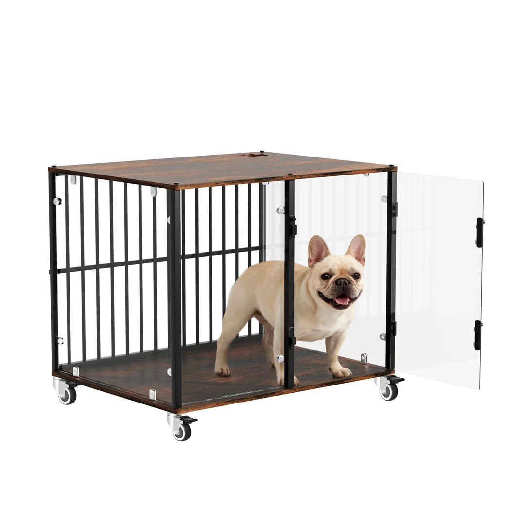BINGOPAW Indoor Dog Cage: Furniture Style Tempered Glass Dog Pet Cage Dog Kennel End Table Crate with Smooth Rolling Wheels