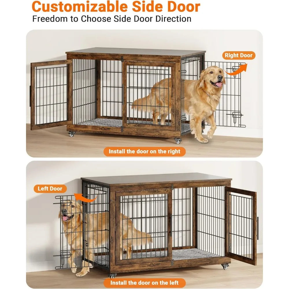 Dog Crate Furniture with Cushion Set of 2, Wooden Dog Kennel Indoor with Double Doors, Dog Cage with Wheels, House Side End