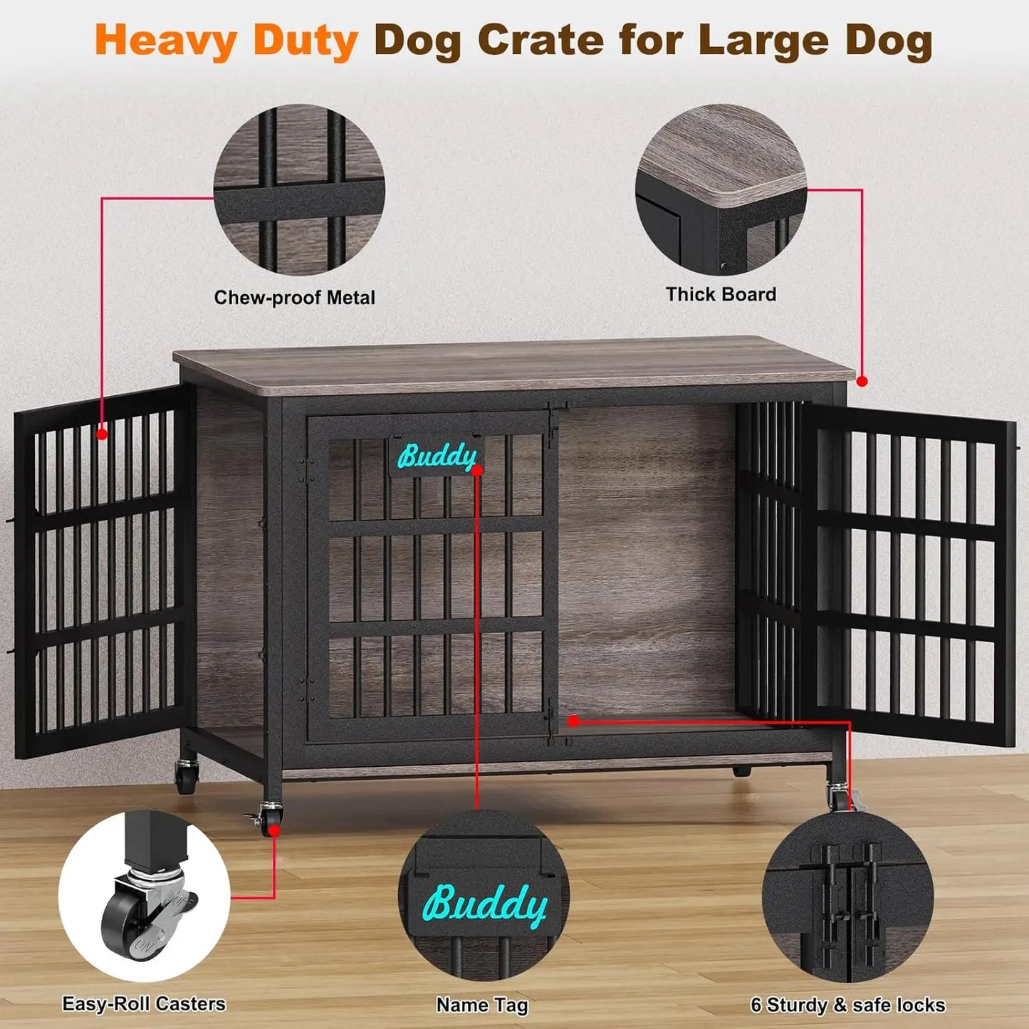48'/42'/33' XXL Dog Crate Furniture with Casters, Heavy Duty Dog Kennel Indoor for Large Dogs, Escape