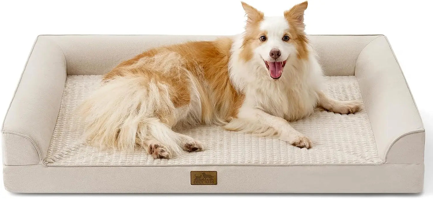 Orthopedic Dog Bed for Large Dogs, XL U-Shaped Sofa with Waterproof Lining, Egg Crate Foam Support Up to 100 lbs, Beige