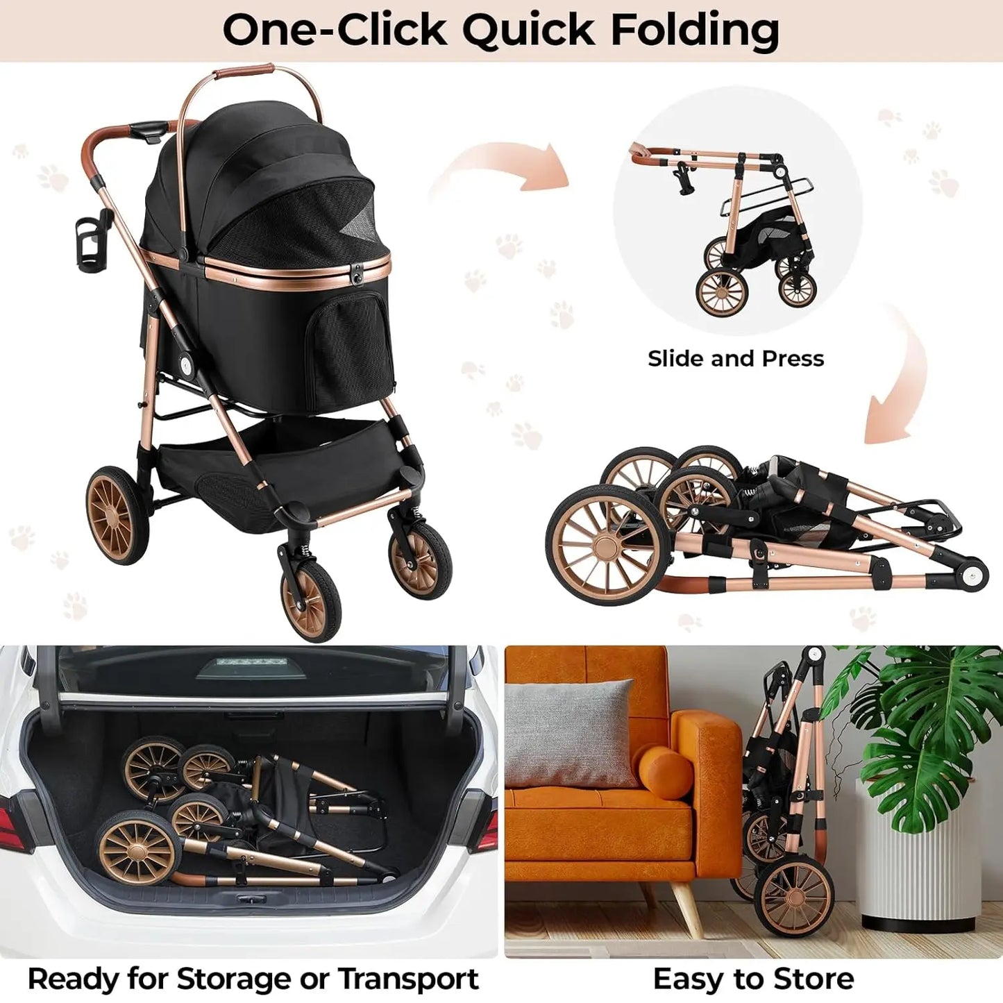 360 Degree High Wheels Foldable Pet Stroller 2in1 Dog Cat Buggy Max Load 25 Kg