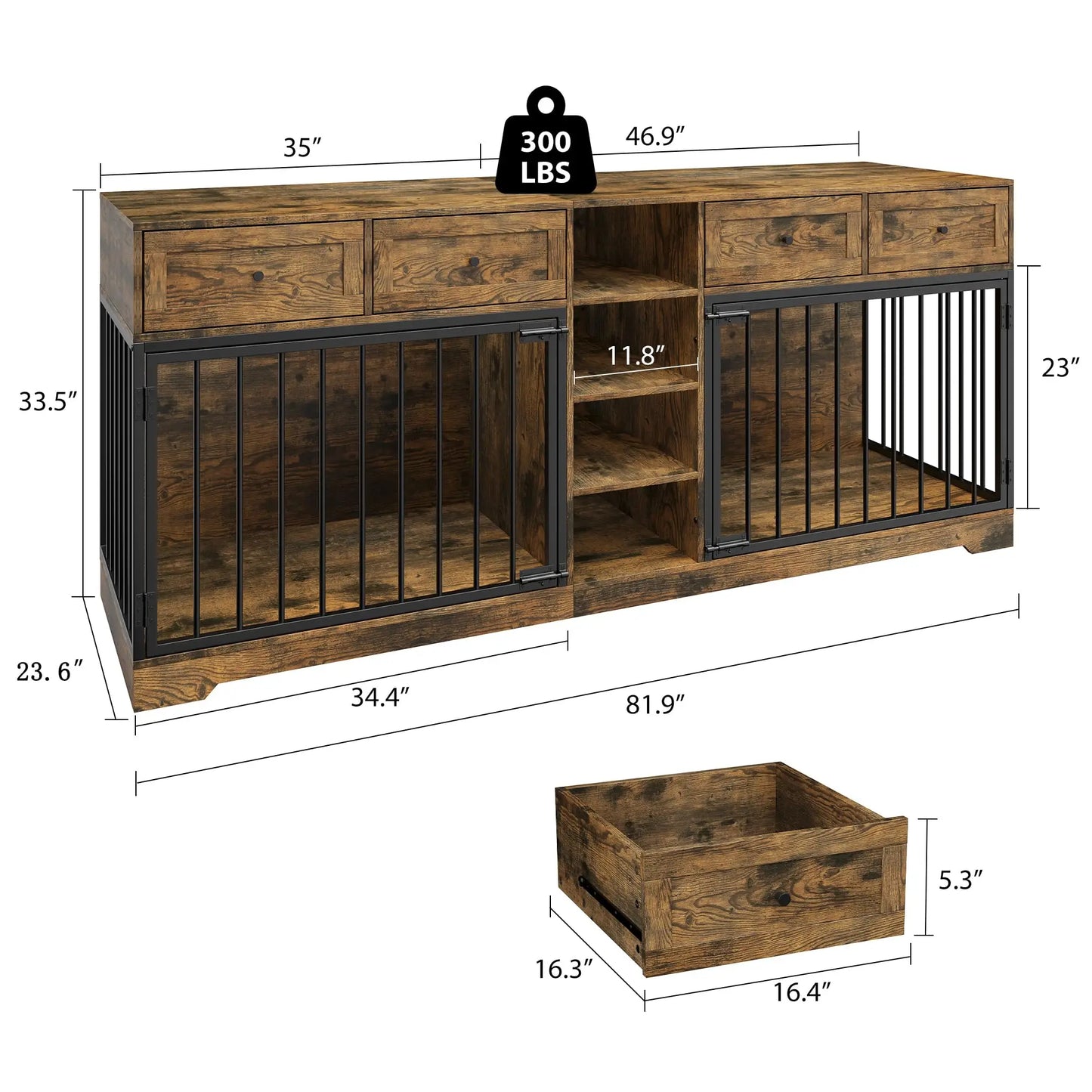 HiMISS Heavy-Duty Double Dog Crate Furniture TV Stand With Drawers