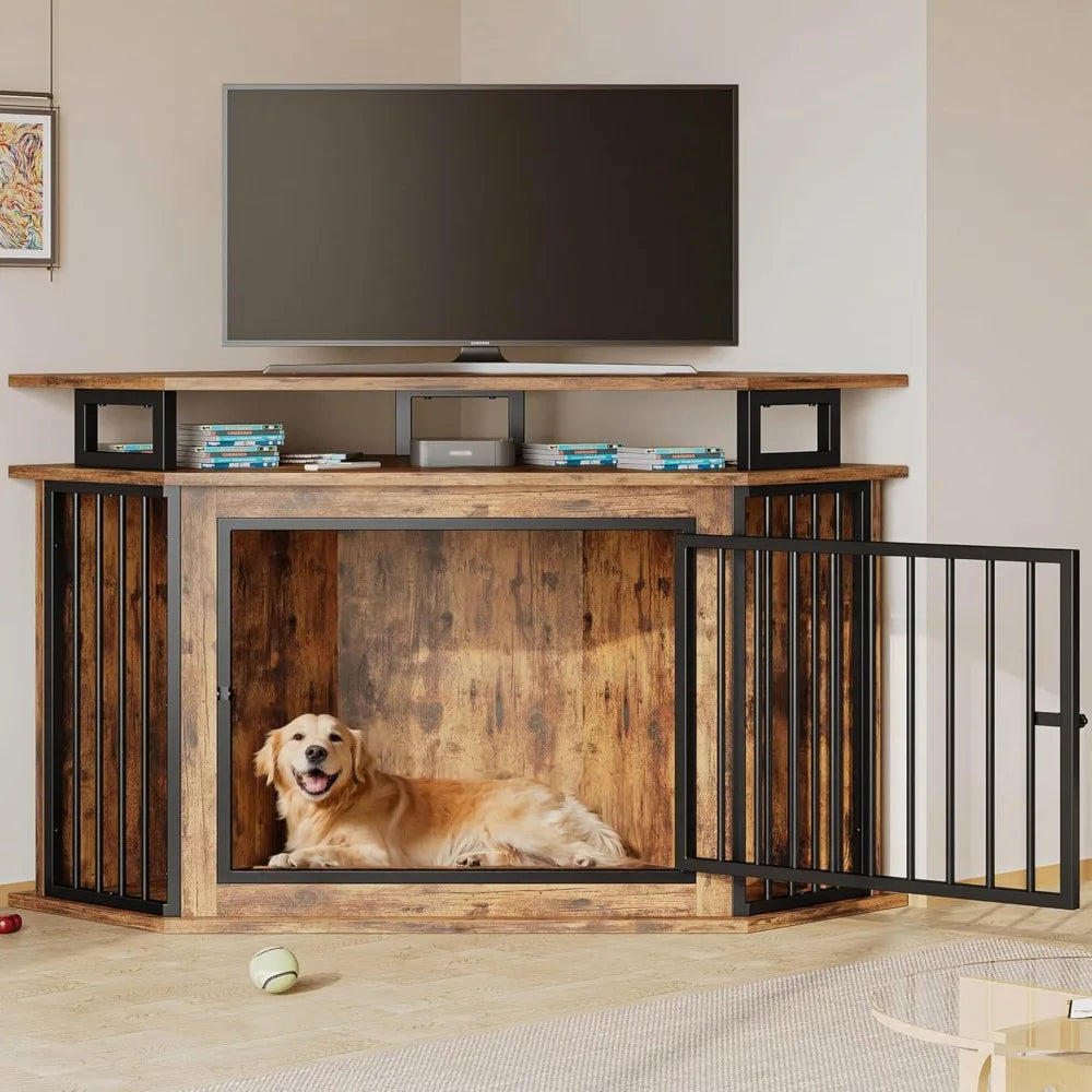 DAFIFY Corner Wooden Dog Crate With Shelves For Large Dogs