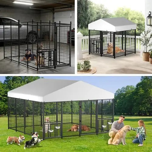 Outdoor Dog Kennel With Roof Heavy Duty Steel Run Enclosure Waterproof Canopy