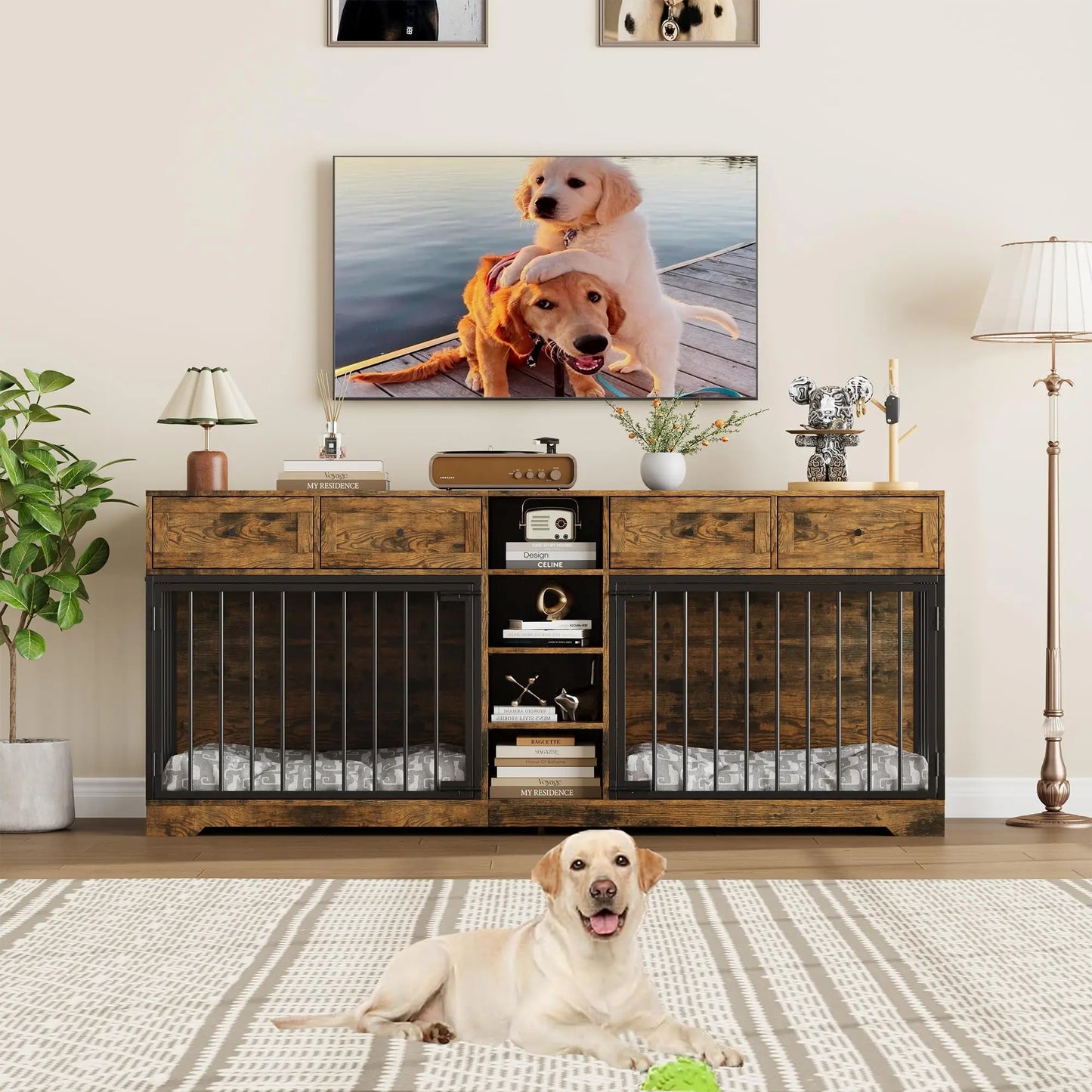 HiMISS Heavy-Duty Double Dog Crate Furniture TV Stand With Drawers