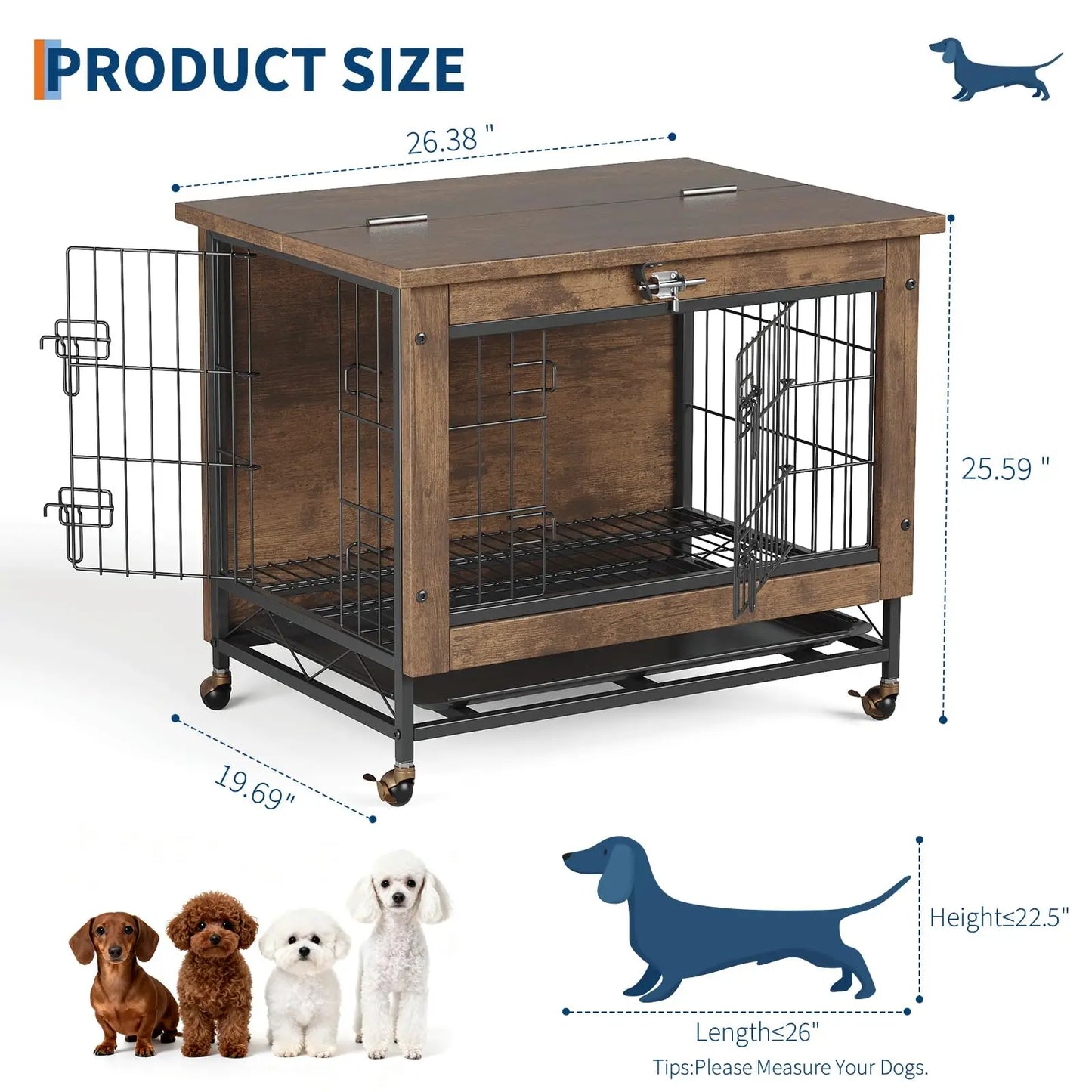26" Wooden Dog Crate Furniture With Wheels Indoor Pet Kennel End Table Dual Door Chew-Proof Small Dog Cage With Removable Tray