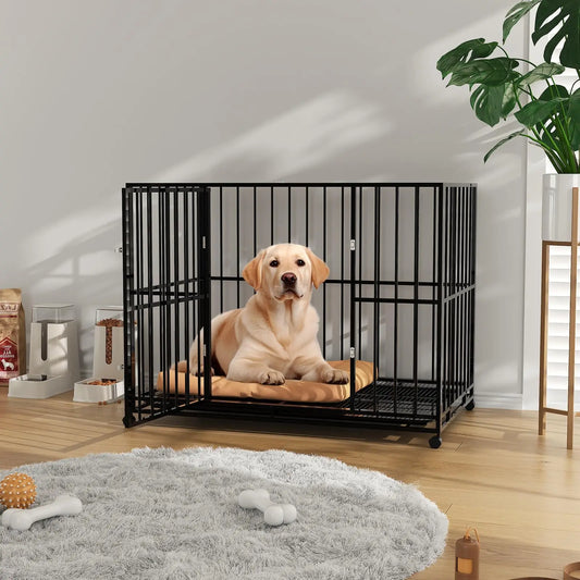 HiMISS Indestructible Stainless Steel Dog Crate with Wheels and Tray