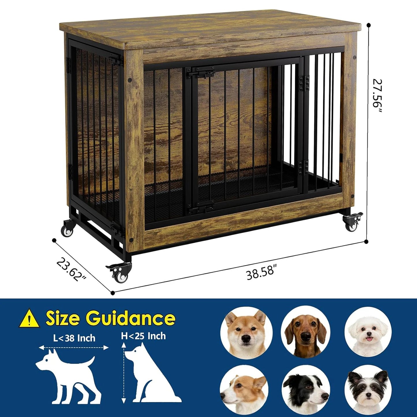 38.6" Rustic Wood Dog Crate Furniture 2-in-1 Chew Resistant with 3 Doors Locking Wheels Removable Tray Dog Kennel Side Table