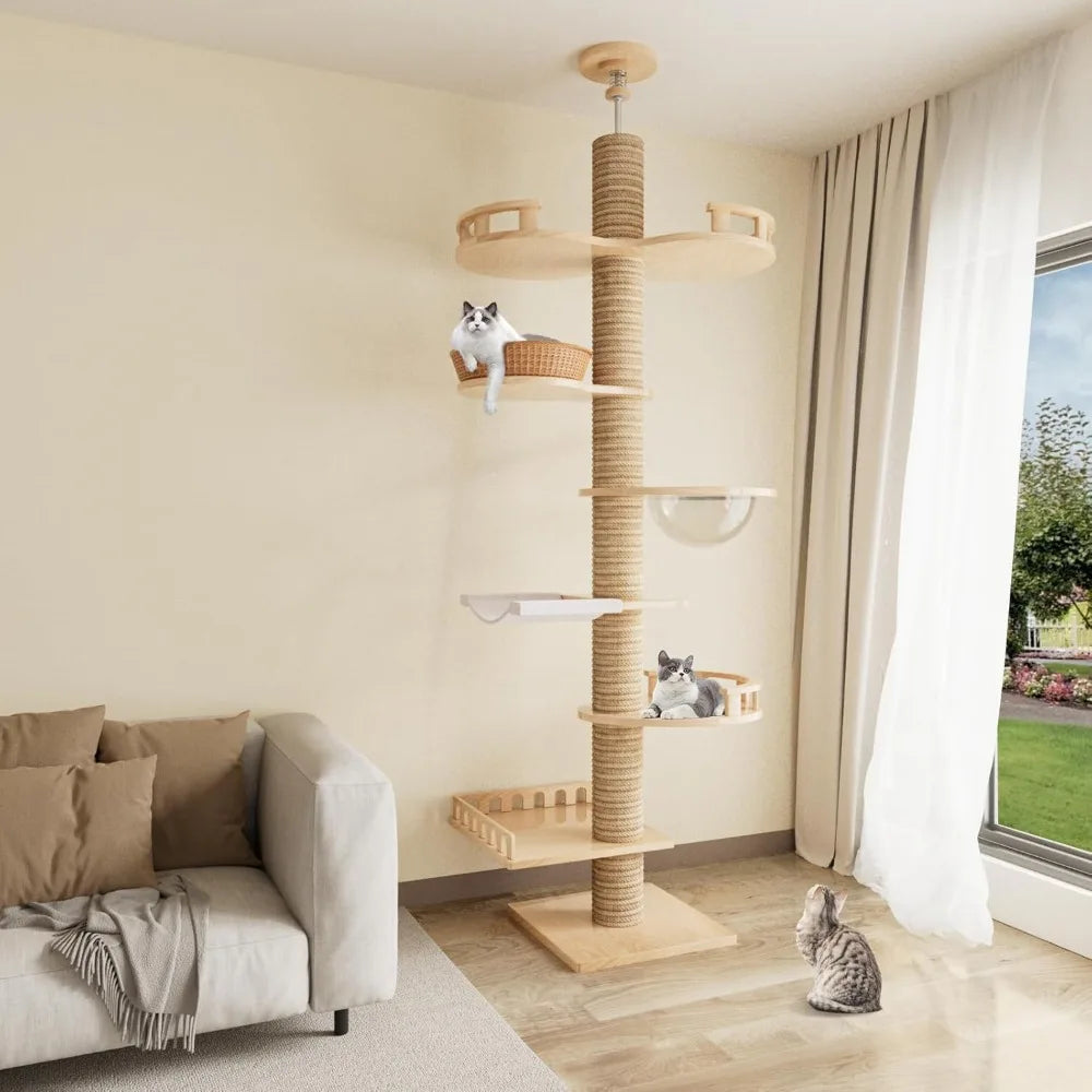 Adjustable Height Wooden Cat Tower With 6 Sisal Posts