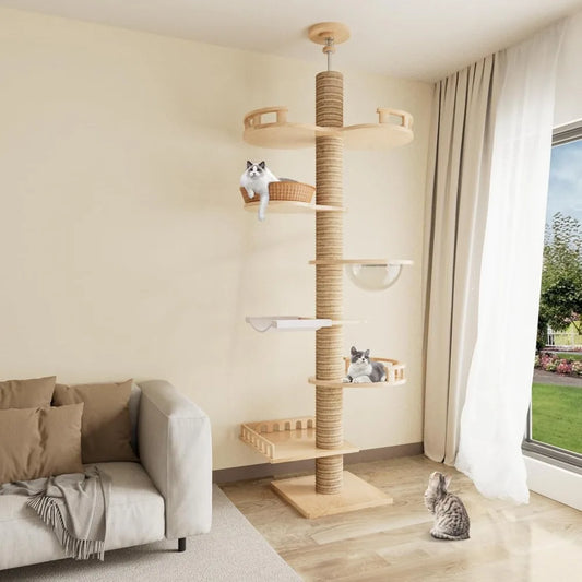 Adjustable Height Wooden Cat Tower With 6 Sisal Posts