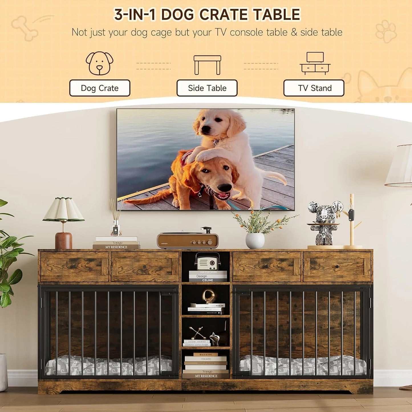 HiMISS Heavy-Duty Double Dog Crate Furniture TV Stand With Drawers