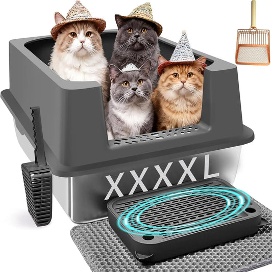 Extra Large Stainless Steel Cat Litter Box with High Sides, 29x21x14 Inches for Big and Overweight Cats, Non-Stick Easy Clean