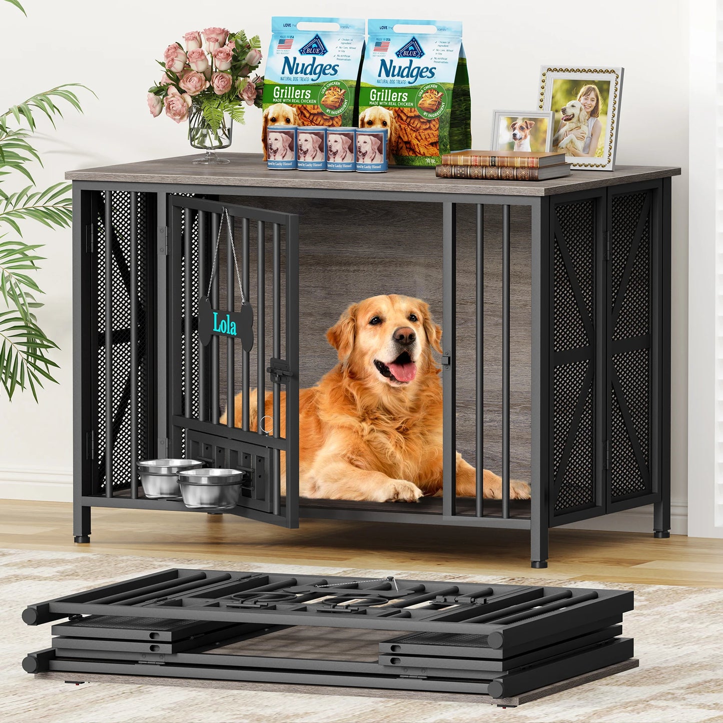 Foldable Large Dog Crate Furniture,31"/41.3"Assembly-Free Dog Crates for Large Dogs,Wooden Dog Kennel Indoor w/ Tag&Dog Bowls