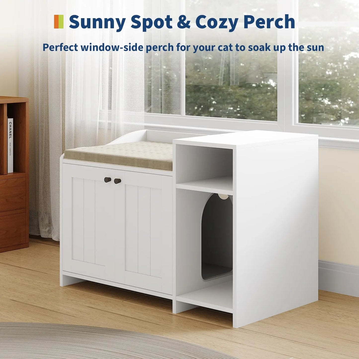 2 In 1 Hidden Cat Litter Box Enclosure & Sofa End Table, Dog Proof Wooden Cabinet Indoor Pet House with Storage Shelf/Doors